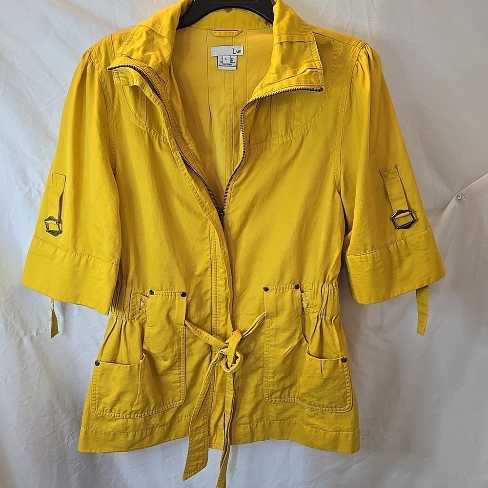 Luii Anthropologie Yellow Jacket Women's 3/4 Sleeve Buckles Elastic‎ Waist Tie